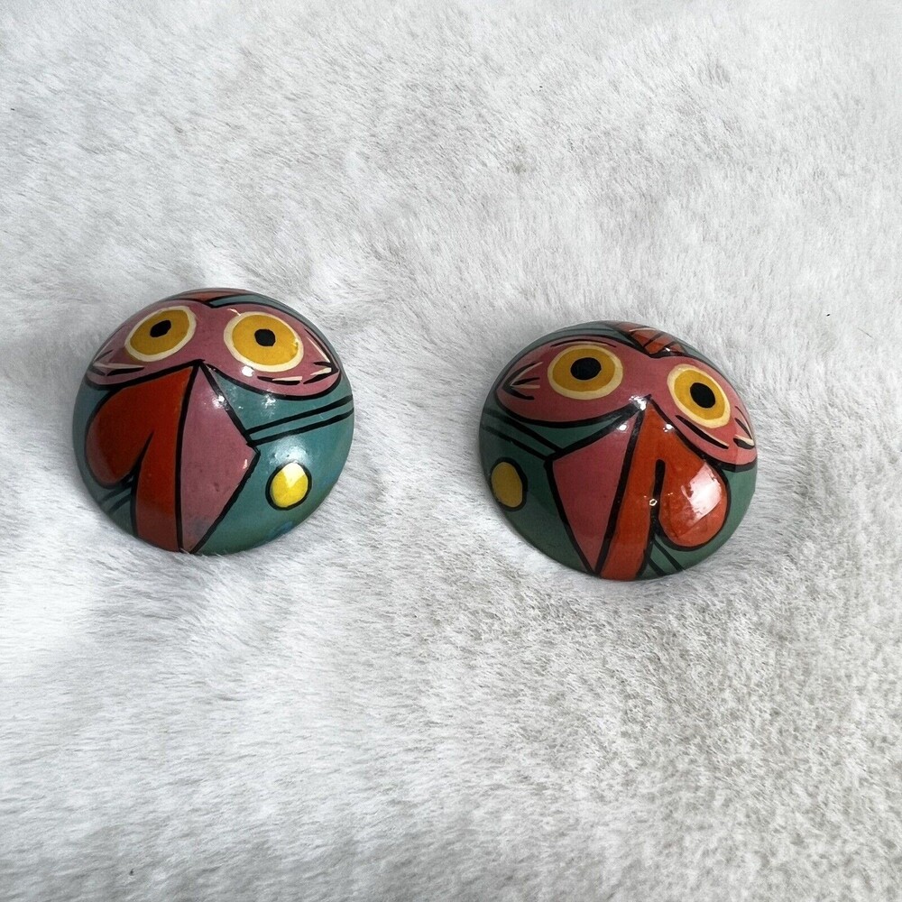 Vintage Wooden Stud Earrings Abstract Round Owl Bird Painted